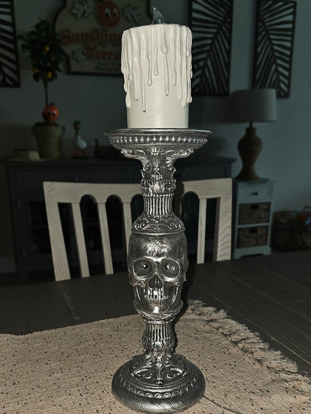 New! Halloween Martha Stewart Skull Light Up Silver/Grey Gothic Candlestick